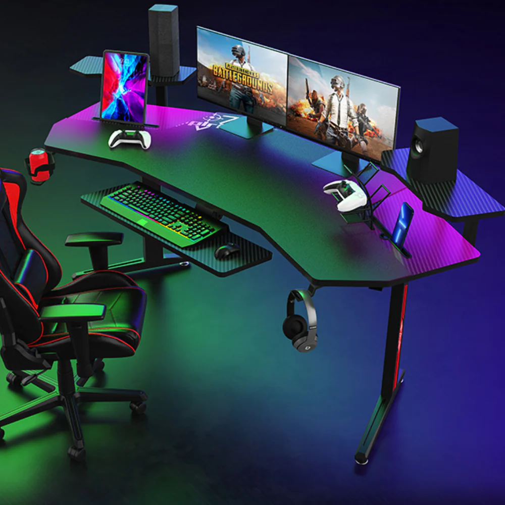 Ultra Wide Large Gaming Desk with RBG LED Lights Carbon Fiber Surface with Cup Holder & Headphone Hook