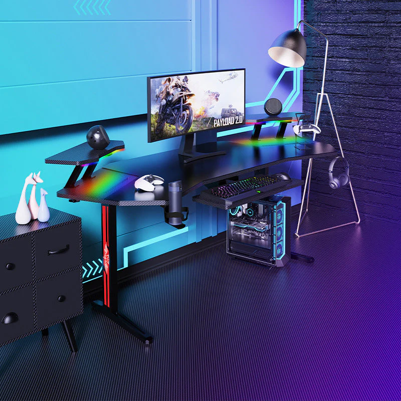 Ultra Wide Large Gaming Desk with RBG LED Lights Carbon Fiber Surface with Cup Holder & Headphone Hook - Image 2