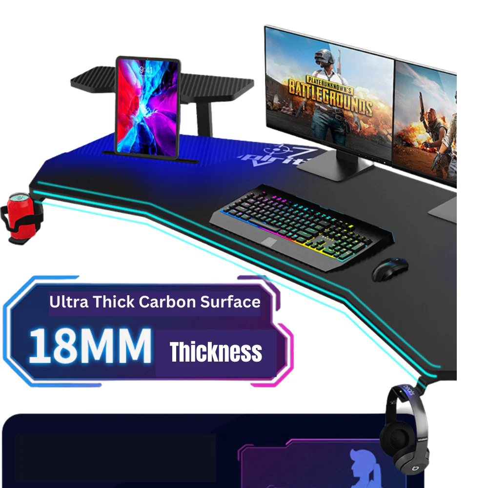 Ultra Wide Large Gaming Desk with RBG LED Lights Carbon Fiber Surface with Cup Holder & Headphone Hook - Image 4