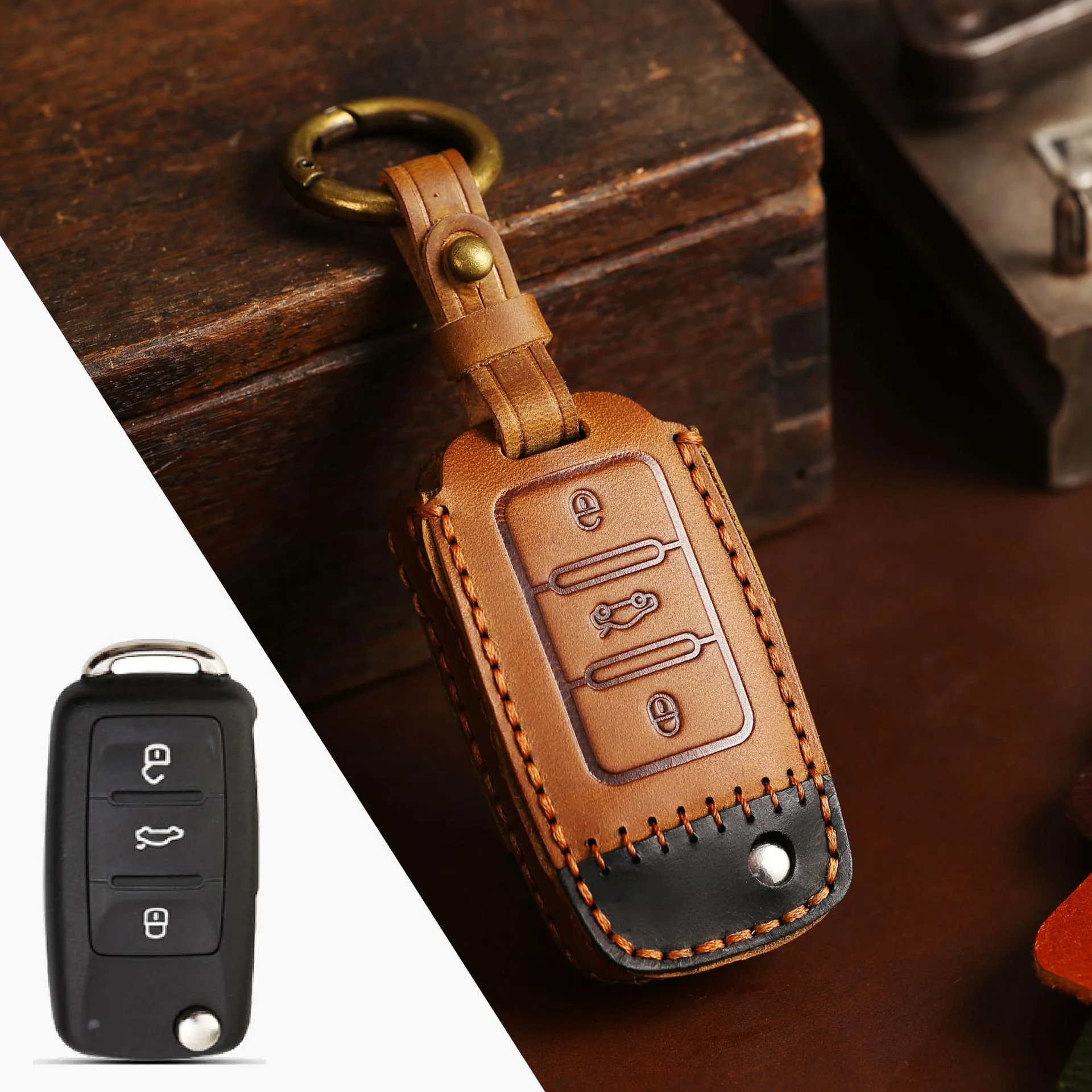 Volkswagen Handcrafted Genuine Leather Car Key Fob Case Cover For Passat, Golf, Magotan, Jetta, Tiguan - Image 12