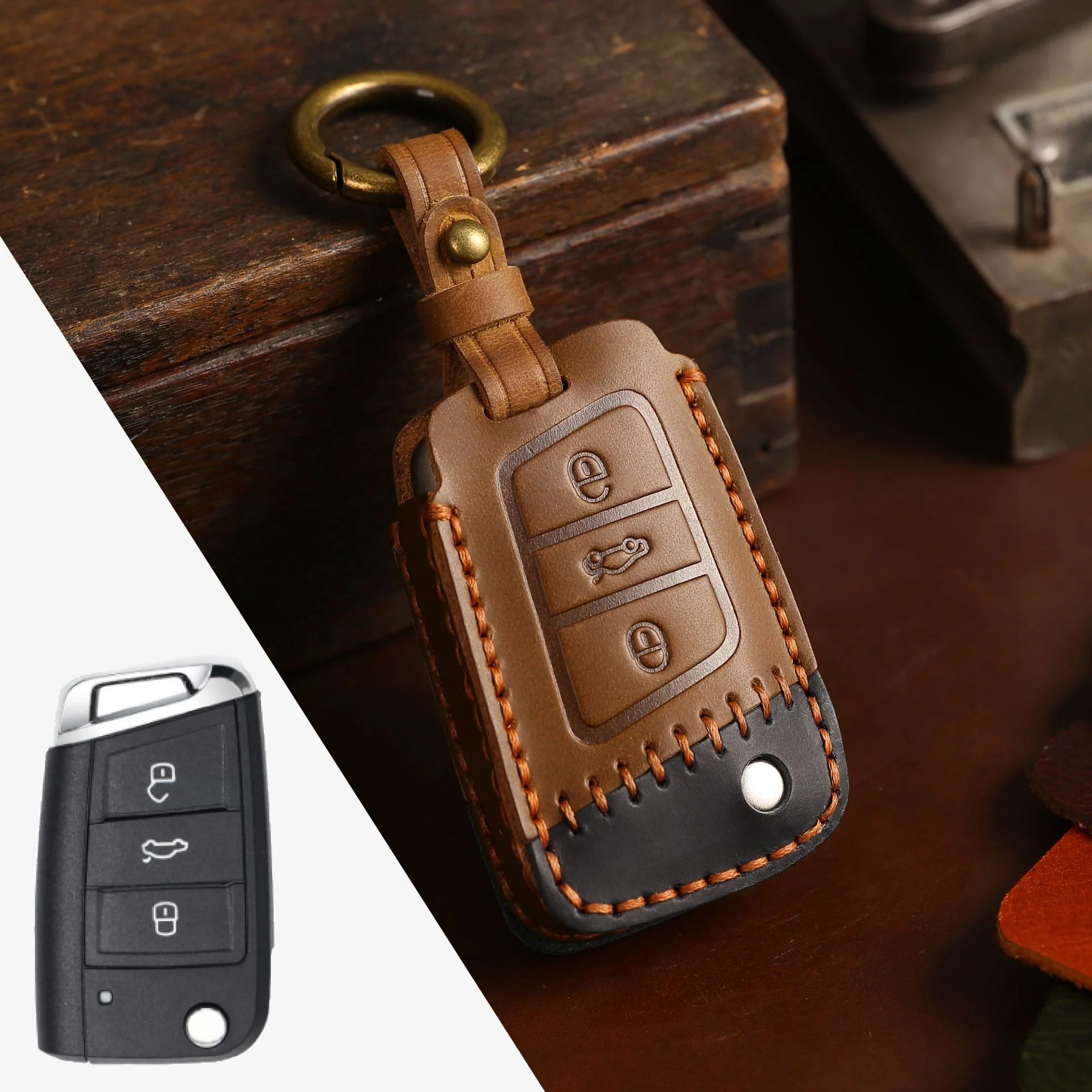 Volkswagen Handcrafted Genuine Leather Car Key Fob Case Cover For Passat, Golf, Magotan, Jetta, Tiguan - Image 15