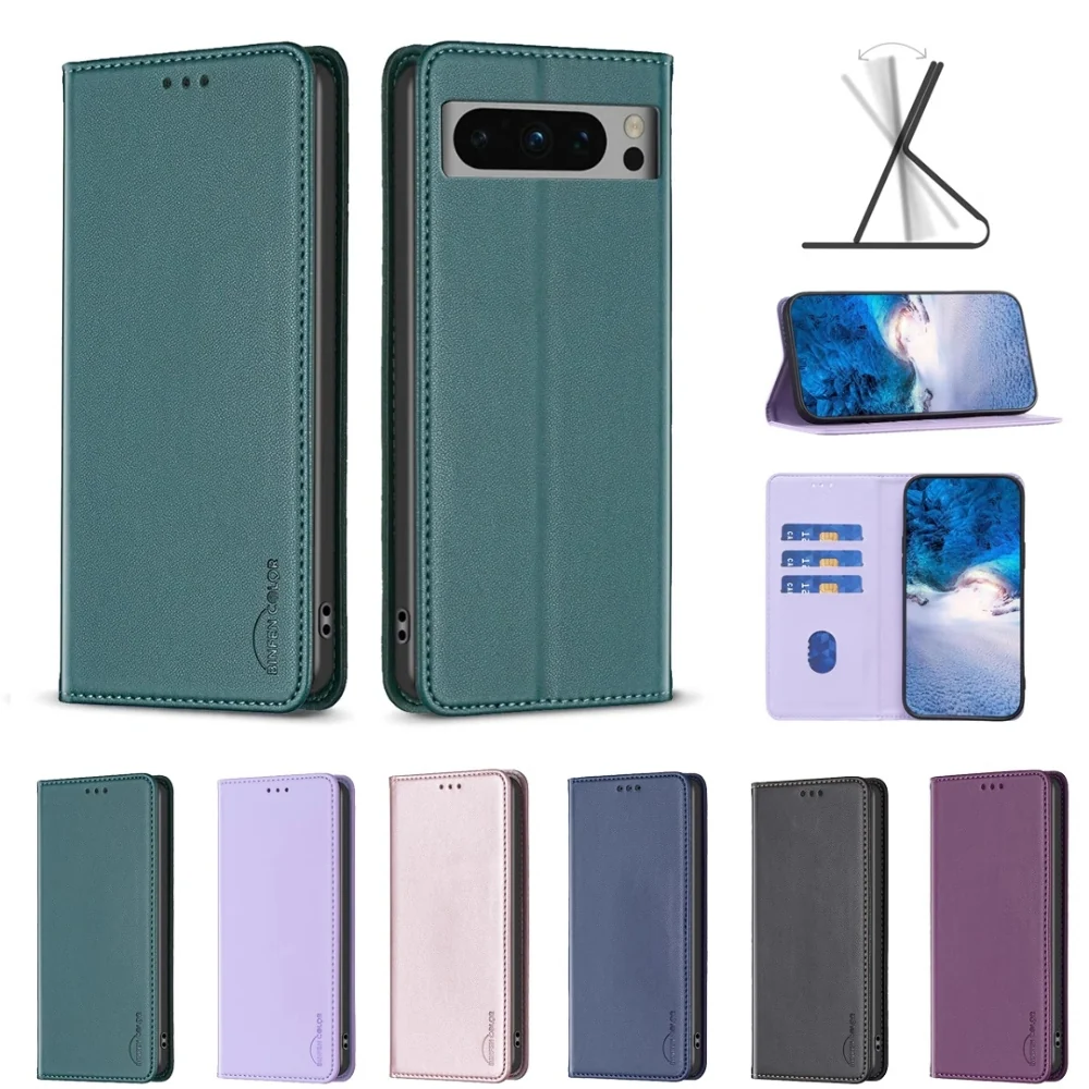 [With Card Slot][Adjustable Stand] Google Pixel 8/8A/8 Pro - Pure Color Drop Proof PU Leather Flip Wallet Series Case - Image 2