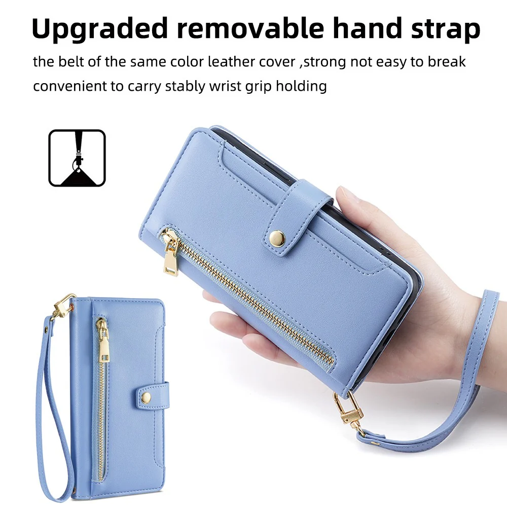 [With Card Slot] OPPO A5 Pro 5G - Multi-Function Flip Leather Zipper Wallet Case With Wrist & Shoulder Strap - Image 4