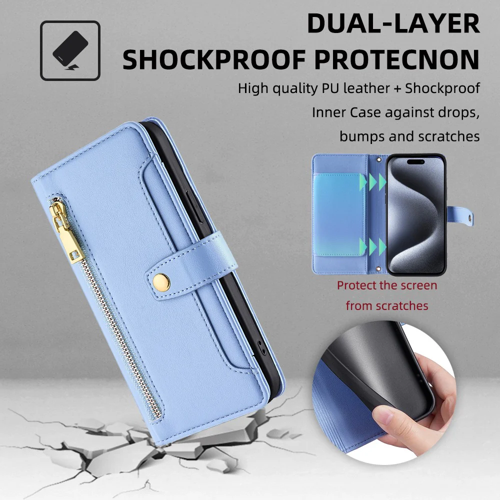 [With Card Slot] OPPO A5 Pro 5G - Multi-Function Flip Leather Zipper Wallet Case With Wrist & Shoulder Strap - Image 6
