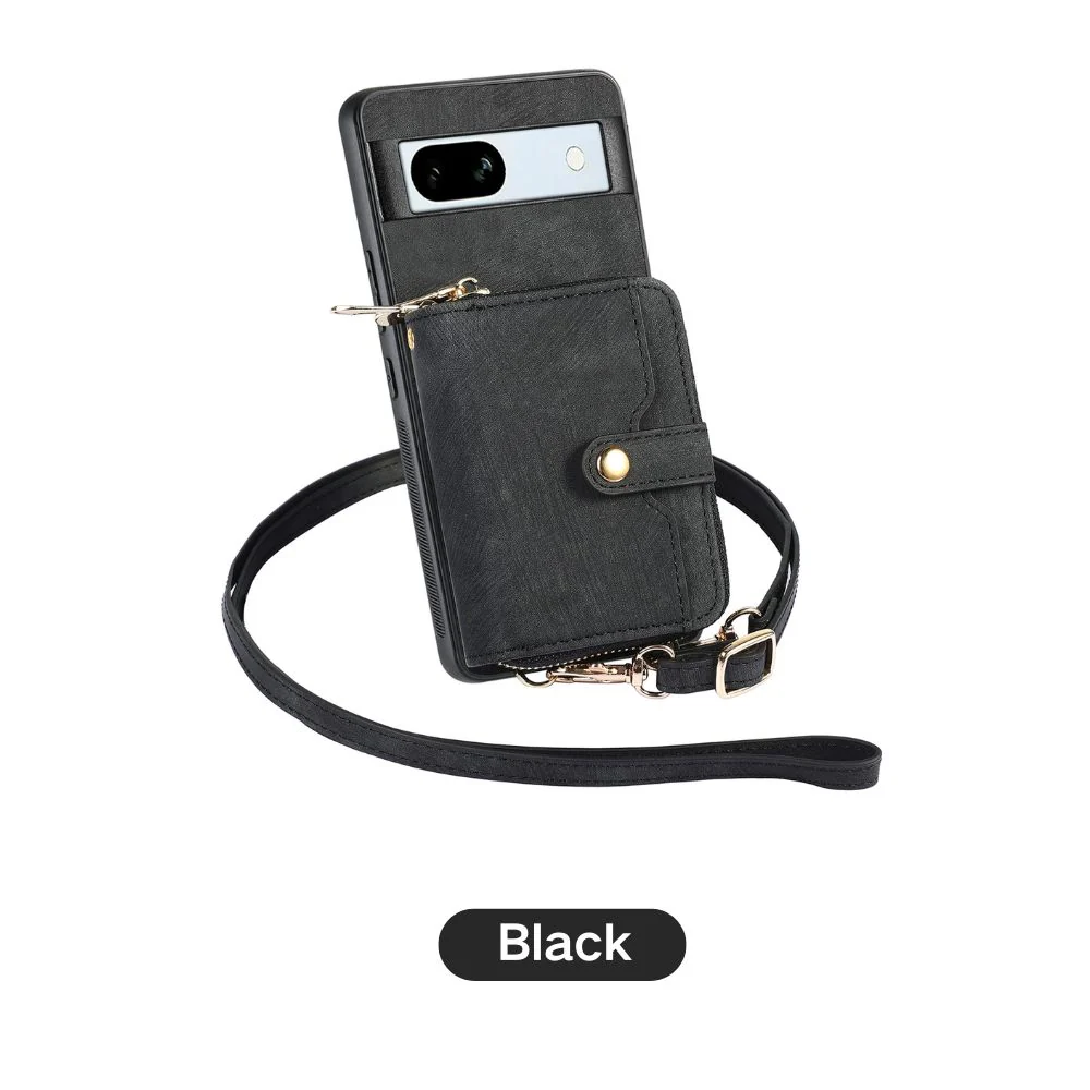 [With Card Slot] Google Pixel 8/8A/8 Pro - Women Crossbody Zip PU Leather Wallet With Lanyard Drop proof Case - Image 12