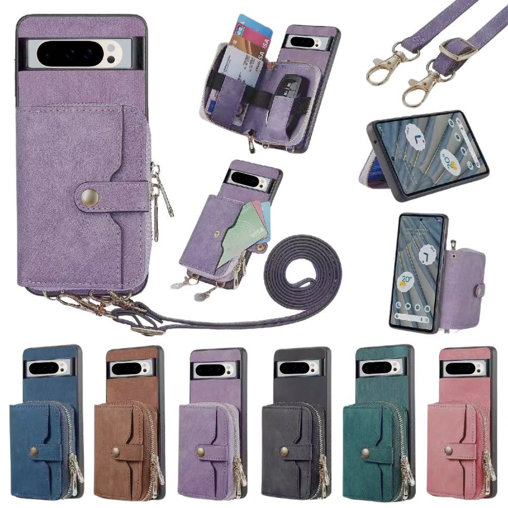 [With Card Slot] Google Pixel 9/Pro/Pro XL - Women Crossbody Zip PU Leather Wallet With Lanyard Drop proof Case - Image 2