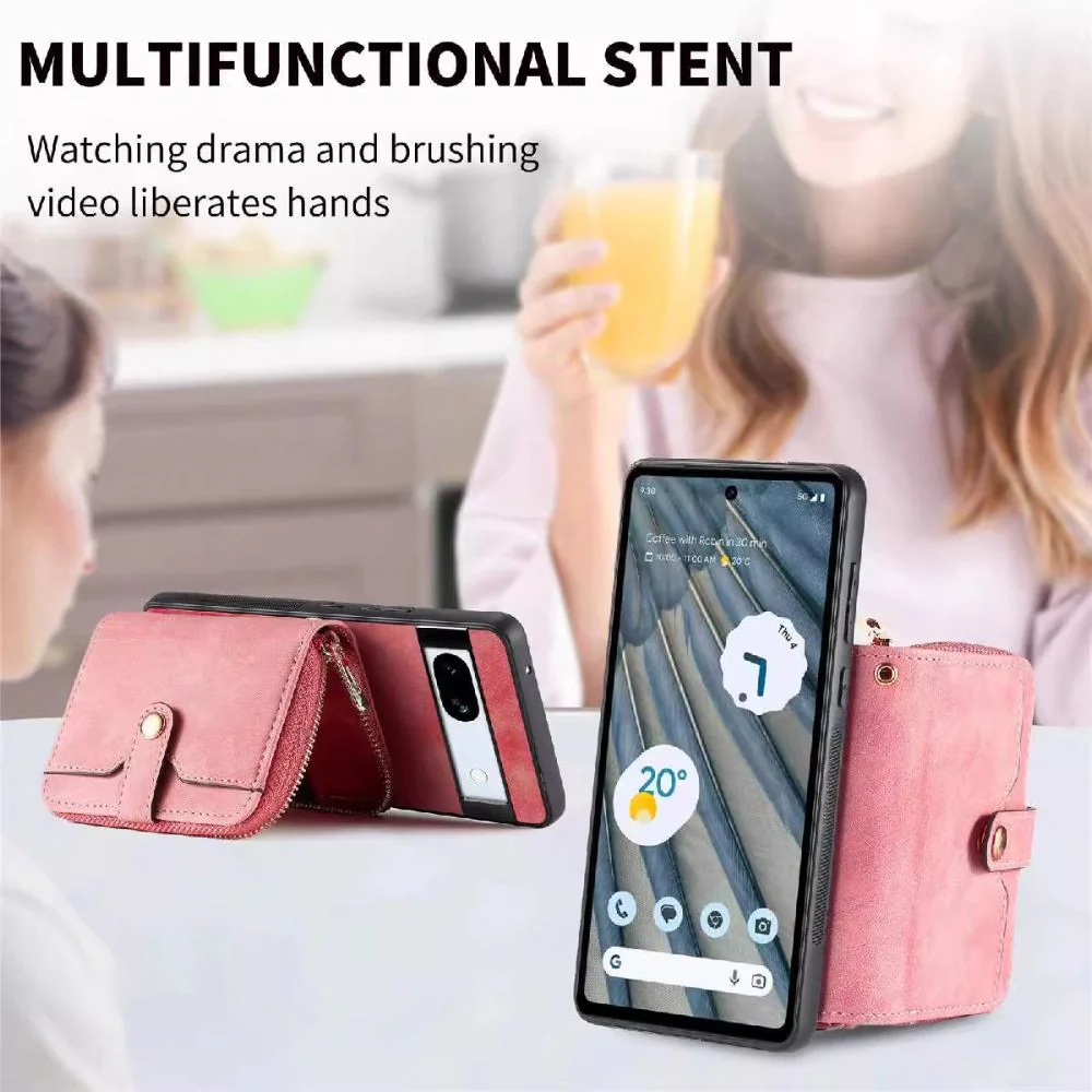 [With Card Slot] Google Pixel 8/8A/8 Pro - Women Crossbody Zip PU Leather Wallet With Lanyard Drop proof Case - Image 4