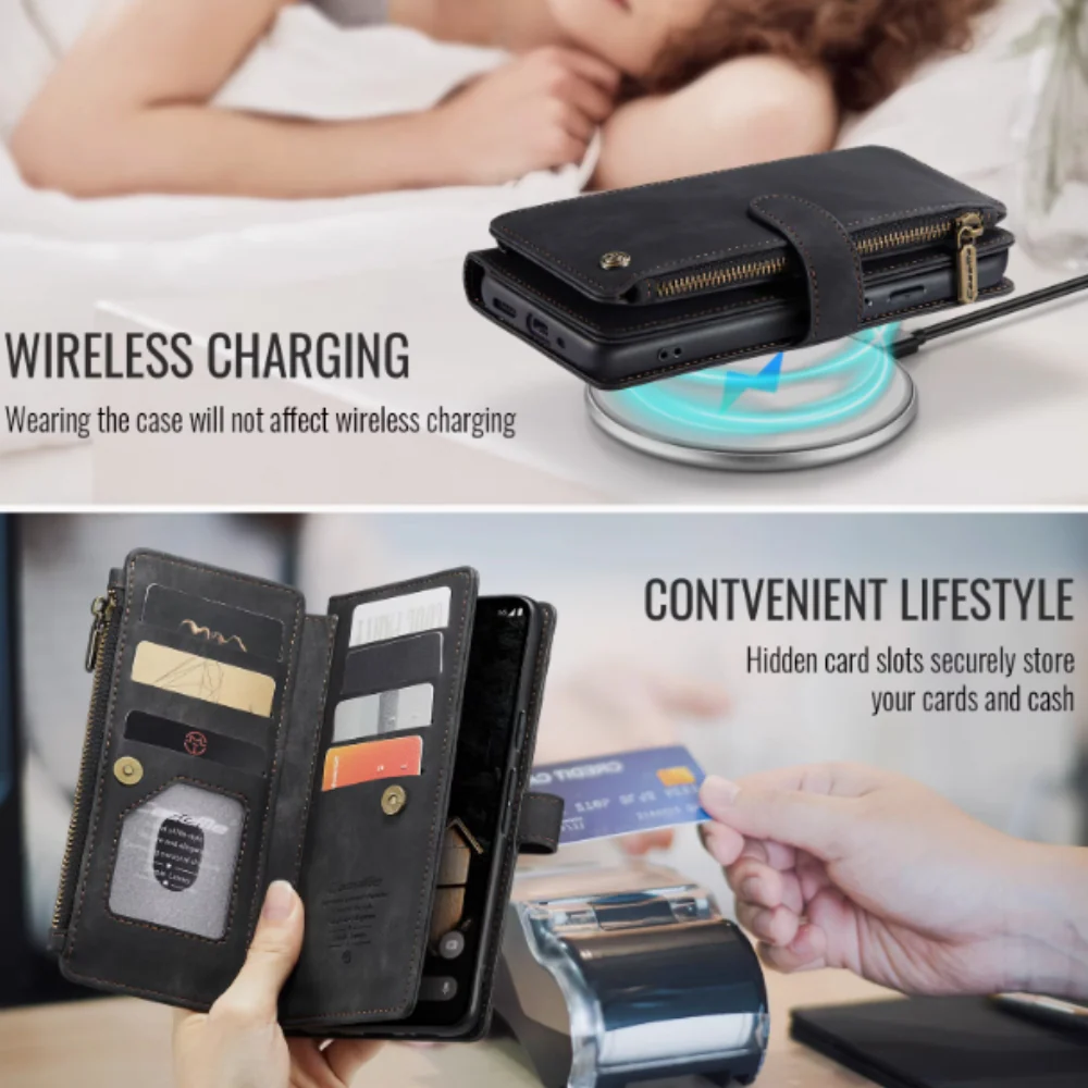 [With Card Slot][Magsafe Compatible] Google Pixel 7/7A/7 Pro - Lanyard PU Leather Flip Wallet With Zip Series Stand Case - Image 5