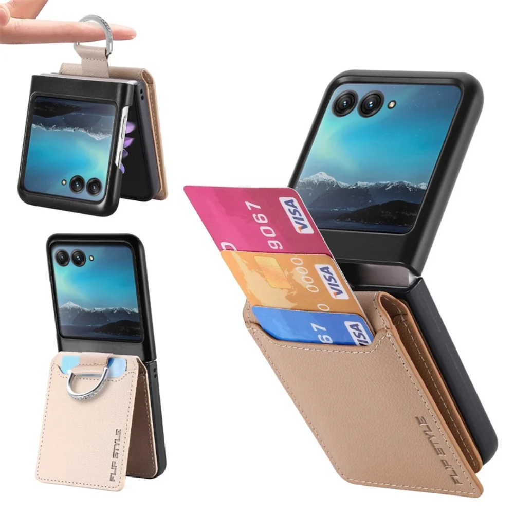 [With Card Slot] Motorola Razr 50/Ultra - Litchi Texture Leather Ring Wallet Phone Case - Image 3