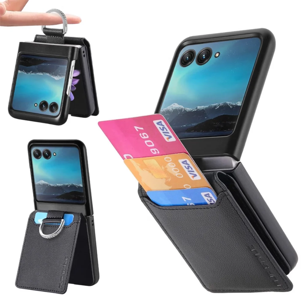 [With Card Slot] Motorola Razr 50/Ultra - Litchi Texture Leather Ring Wallet Phone Case - Image 6