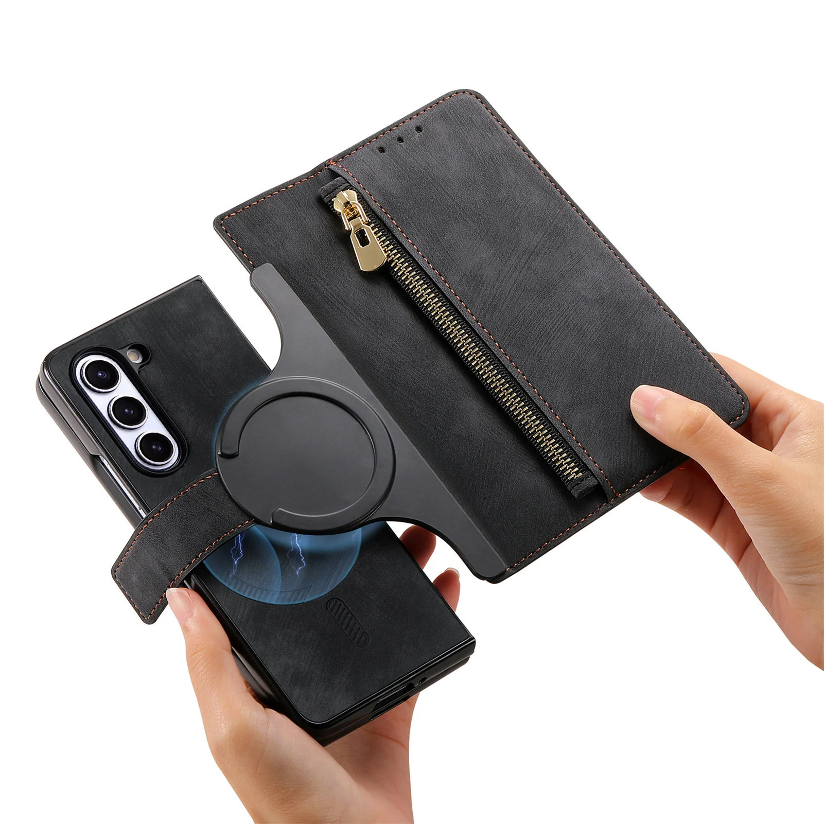 [With Card Slot] Samsung Galaxy Z Fold7 - Multi-functional Leather Wallet Case With Magnetic Flip Cover - Image 11