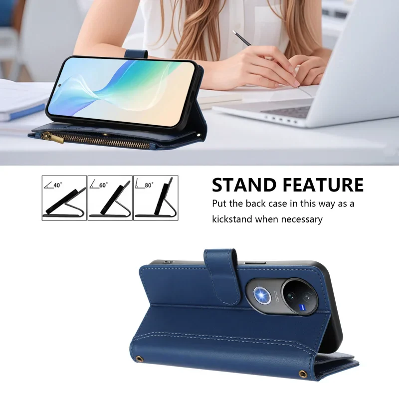 [With Card Slot] VIVO V50 5G - Multifunctional Flip Phone Case With Magnetic Closure & Wrist Strap - Image 8