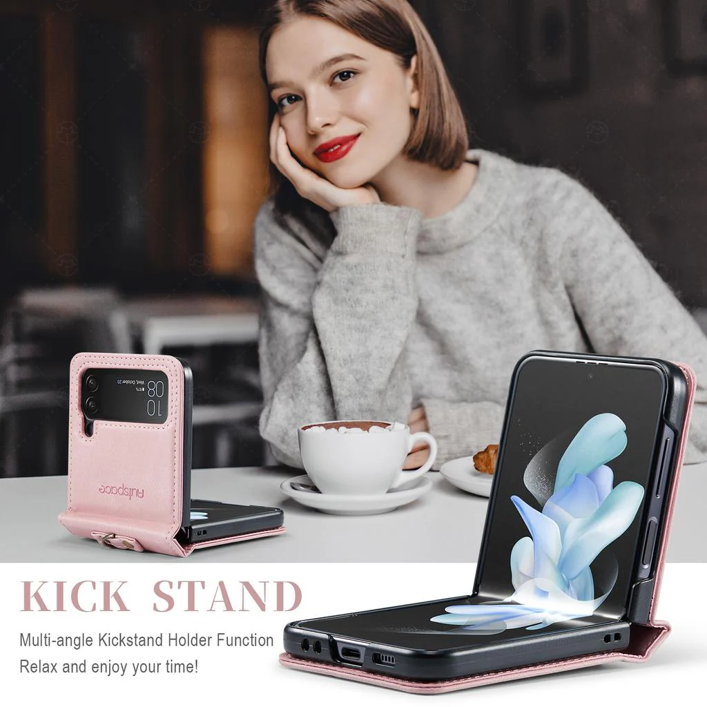 [With Hand Strap] Samsung Galaxy Z Flip4 SM-F721 Luxury PU Leather Wallet Protective Case - Image 12