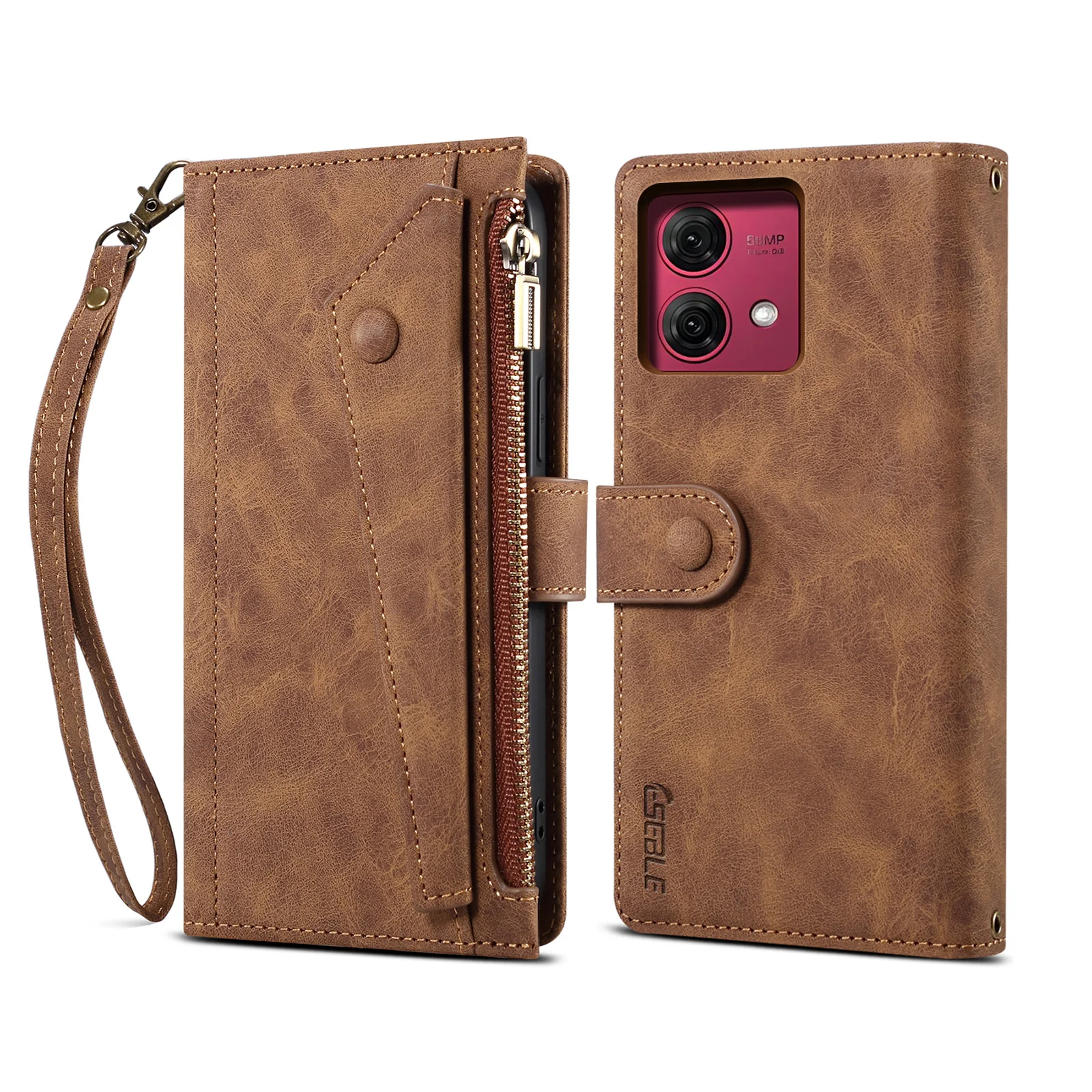 [With Lanyard][With Card Slot] Motorola Moto G54 Leather Zipper Shockproof Wallet Series Case - Image 13