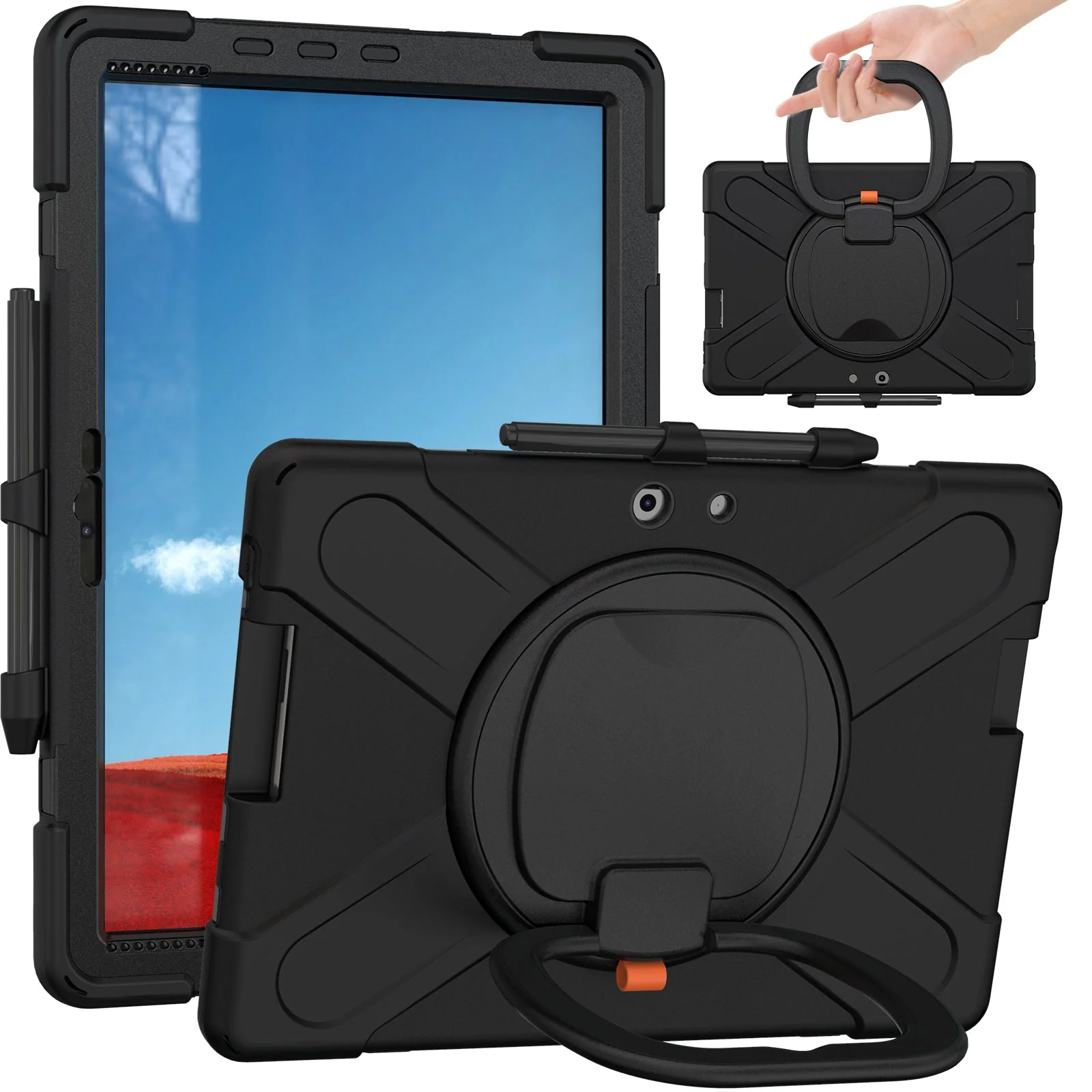 [With Pen Slot] Microsoft Surface Pro X - 360 Degree Rotate Shockproof Heavy Duty Tough Stand Handle Ring Holder Case Cover - Image 7