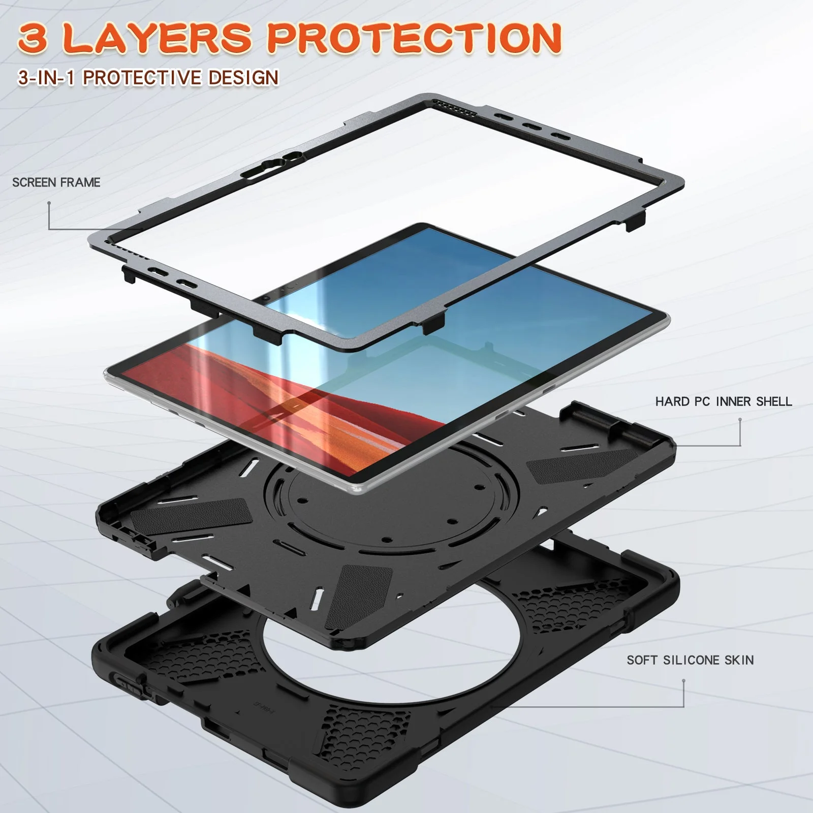 [With Pen Slot] Microsoft Surface Pro X - 360 Degree Rotate Shockproof Heavy Duty Tough Stand Handle Ring Holder Case Cover - Image 8