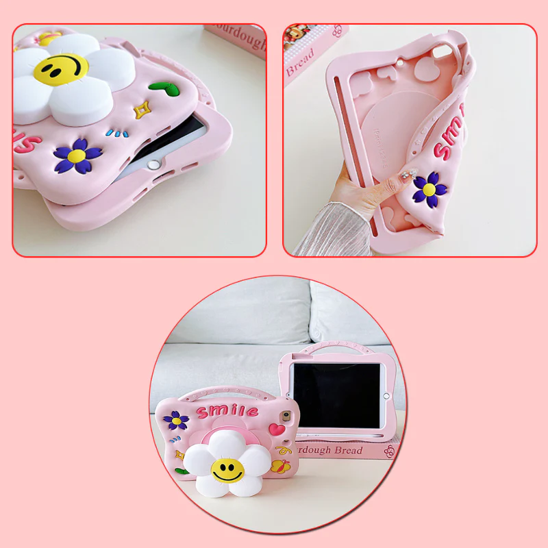 [With Pen Slot][Shoulder Strap] Apple iPad 5/6 9.7'' 5/6th Gen (2017/2018) Flower Silicone Full-Protection Shockproof Stand Case - Image 2