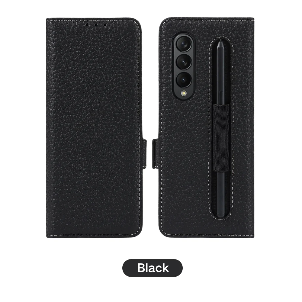 [With Pen Slot][With Card Slot] Samsung Galaxy Fold4 (SM-F936) - Business Drop Proof Genuine Leather Wallet Series Stand Case - Image 3