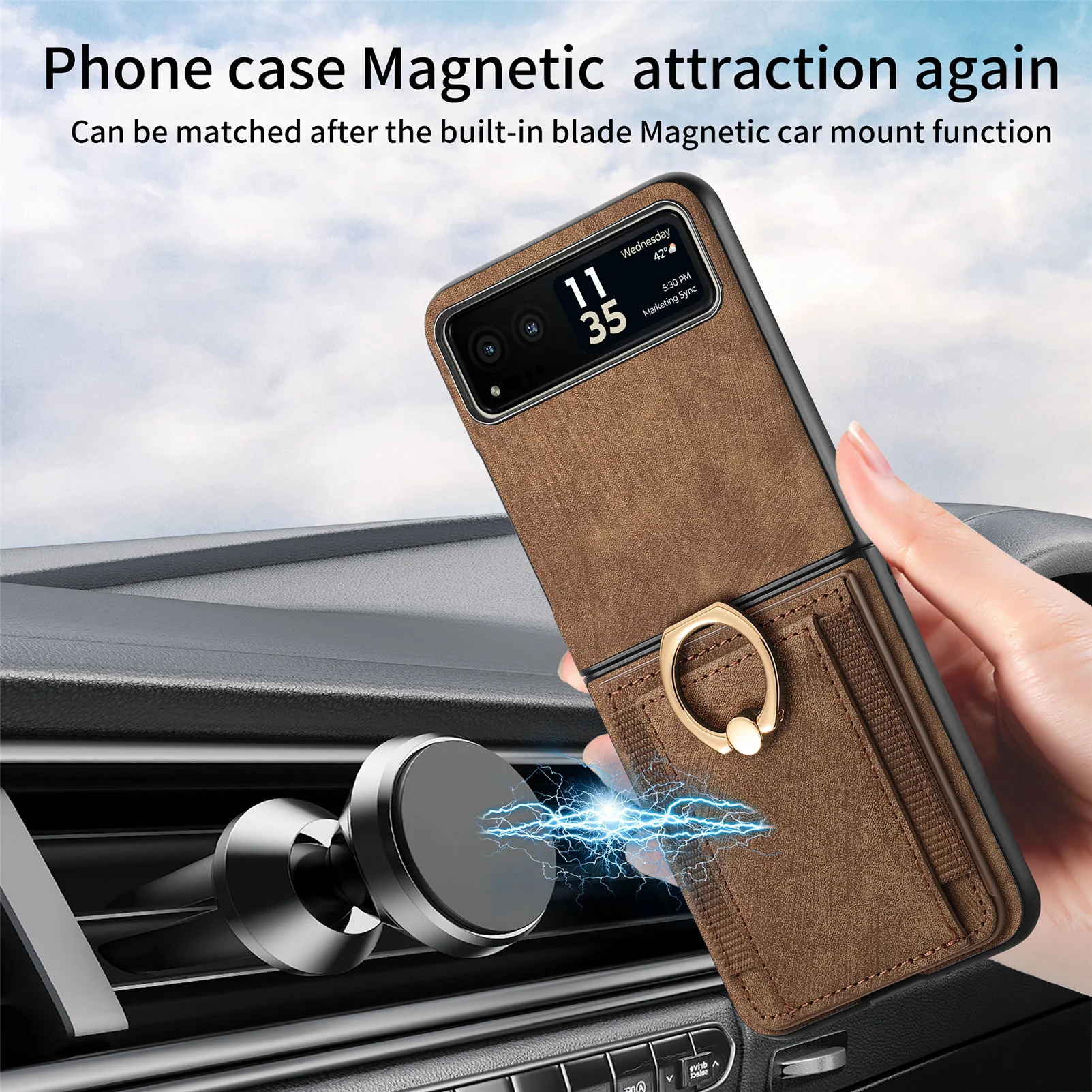 [With Ring Bracket] Motorola Moto Razr 60 PU Vegan Leather Card Slot Protective Case - Image 12