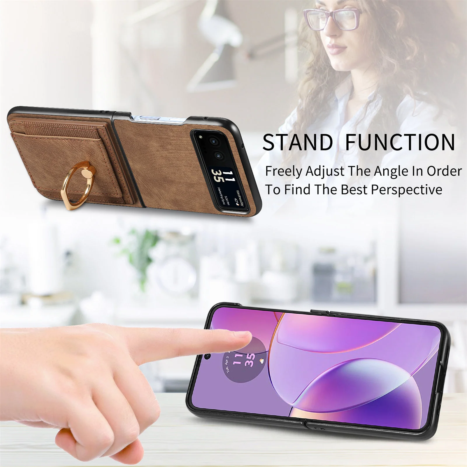 [With Ring Bracket] Motorola Moto Razr 60 PU Vegan Leather Card Slot Protective Case - Image 13