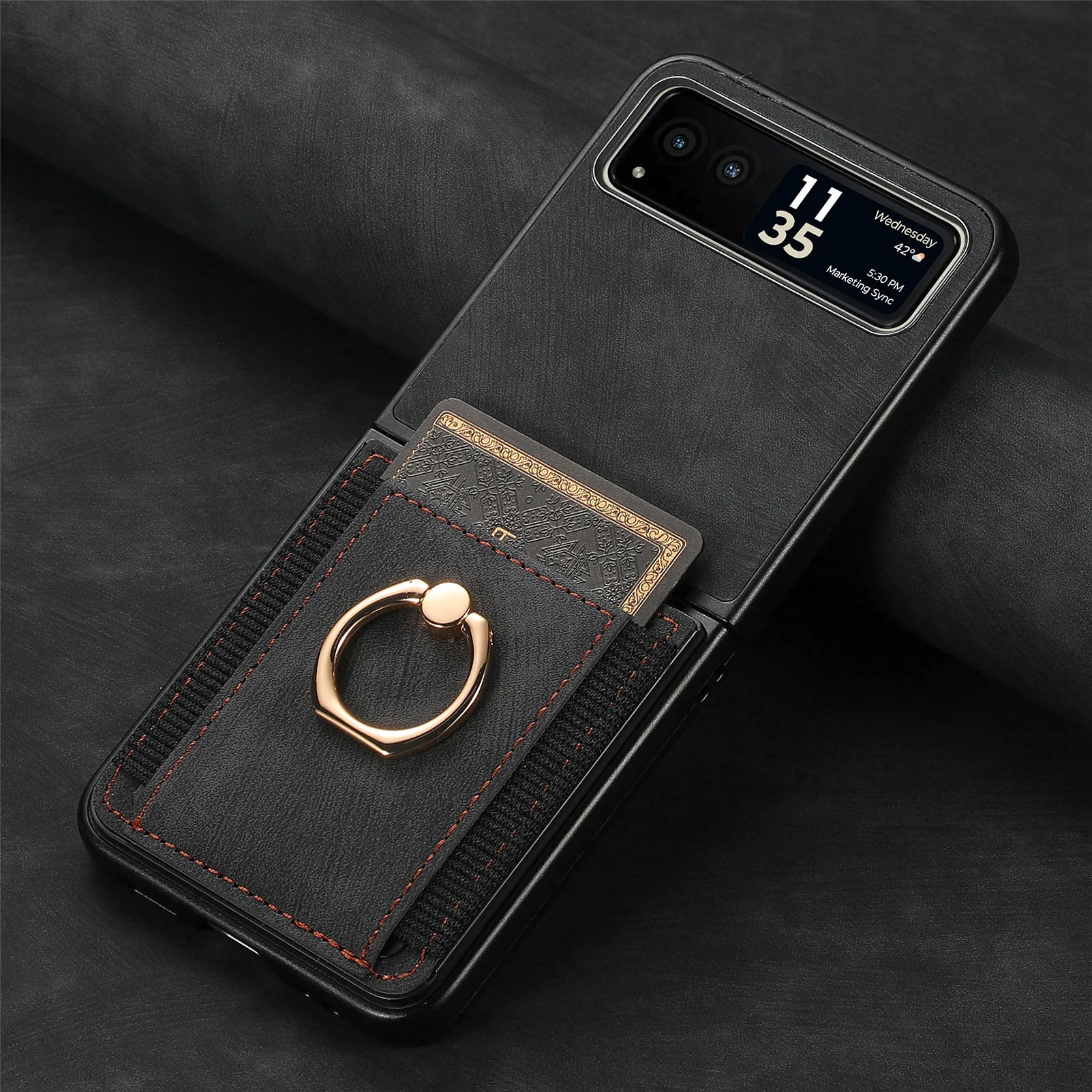 [With Ring Bracket] Motorola Moto Razr 60 PU Vegan Leather Card Slot Protective Case - Image 9