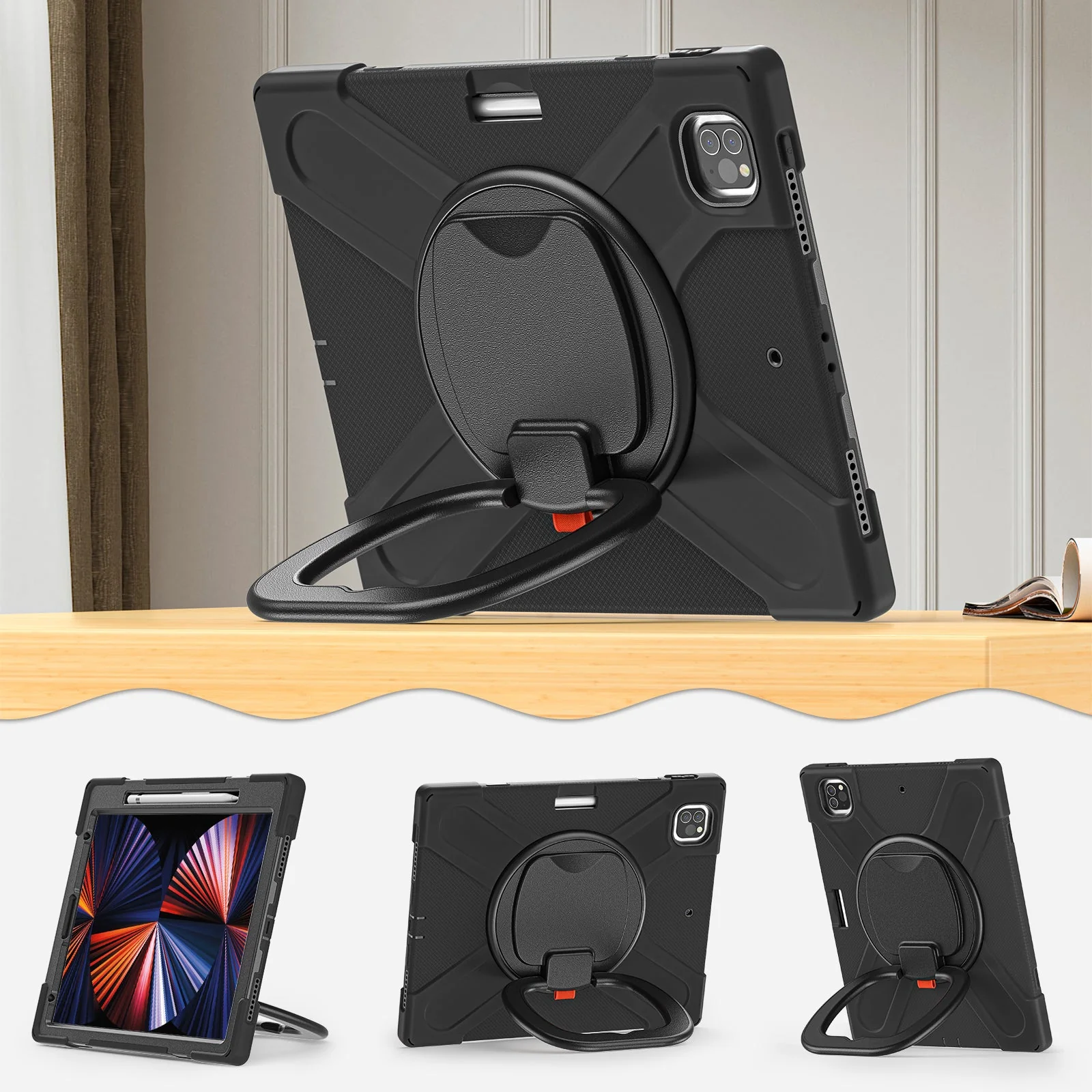 [With Shoulder Strap] Apple iPad Pro 12.9" 3rd/4th/5th/6th Gen 360 Degree Rotation Heavy Duty EVA Kid Friendly Ring Holder Stand Case - Image 5