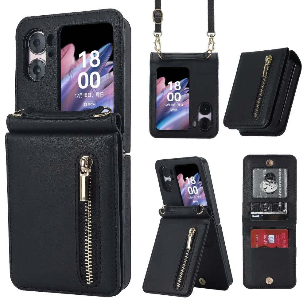 [With Shoulder Strap] OPPO Find N2 Flip (CPH2437, PGT110) - PU leather Crossbody Wallet Style Shockproof Phone Case - Image 3