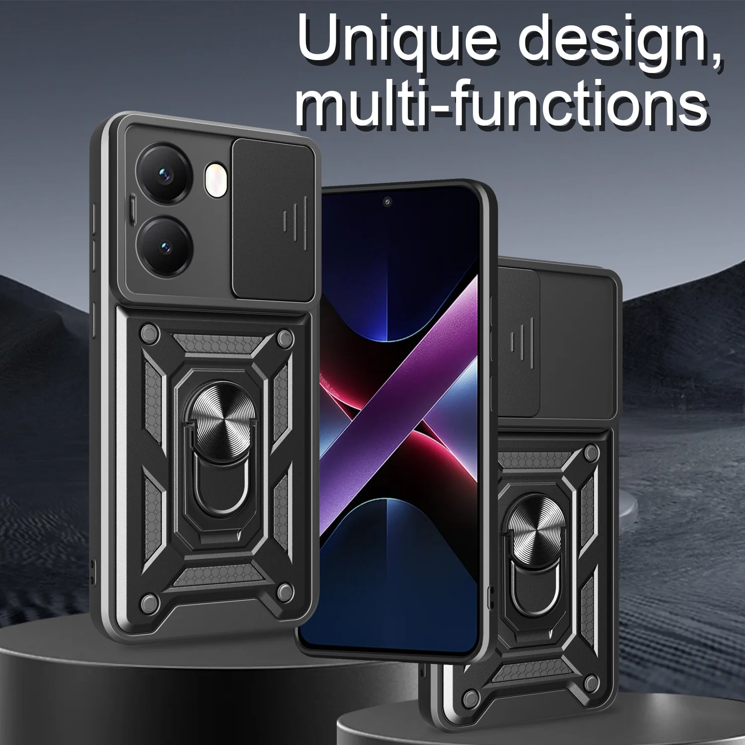 [With Slide Lens Cover] Xiaomi Redmi Turbo 4 Ring Bracket Shockproof Heavy Duty Series Case - Image 2