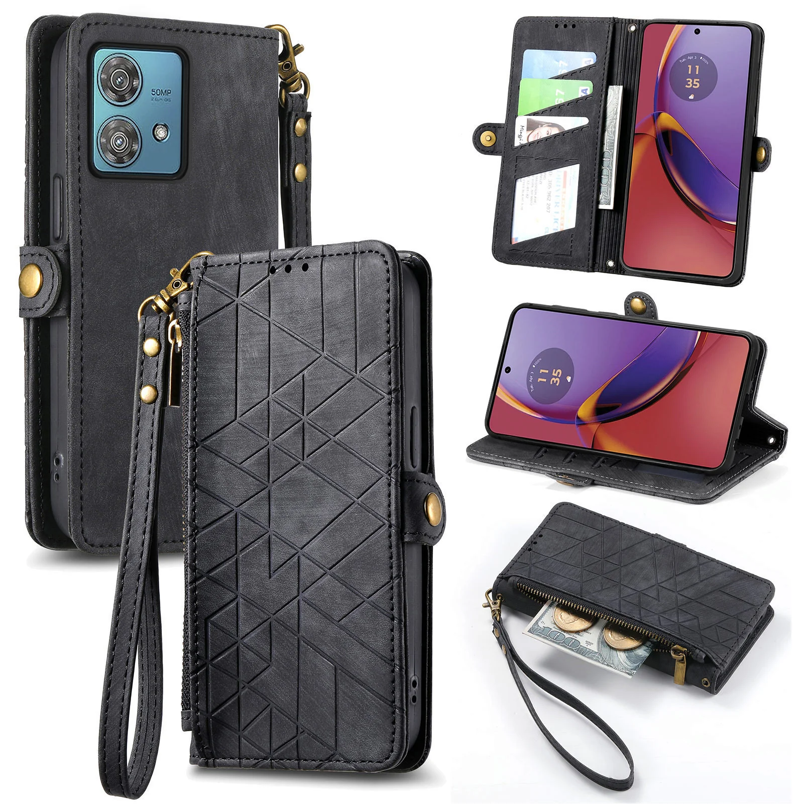 [With Strap][With Card Slot] Motorola Moto G55 Leather Shockproof Flip Wallet Series Case - Image 10
