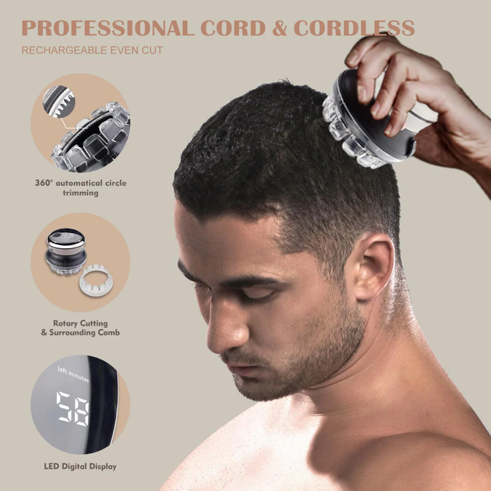 [YUE KE] Self Haircut Kit - Mushroom-Style 360° Cordless Clipper for Buzz Cut, Crew Cut & Bald Look - Image 2